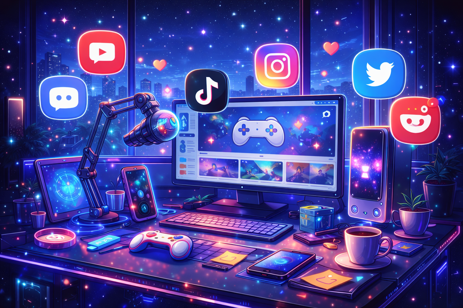 A stylish creator workspace representing the 4NERDS Gaming social hub